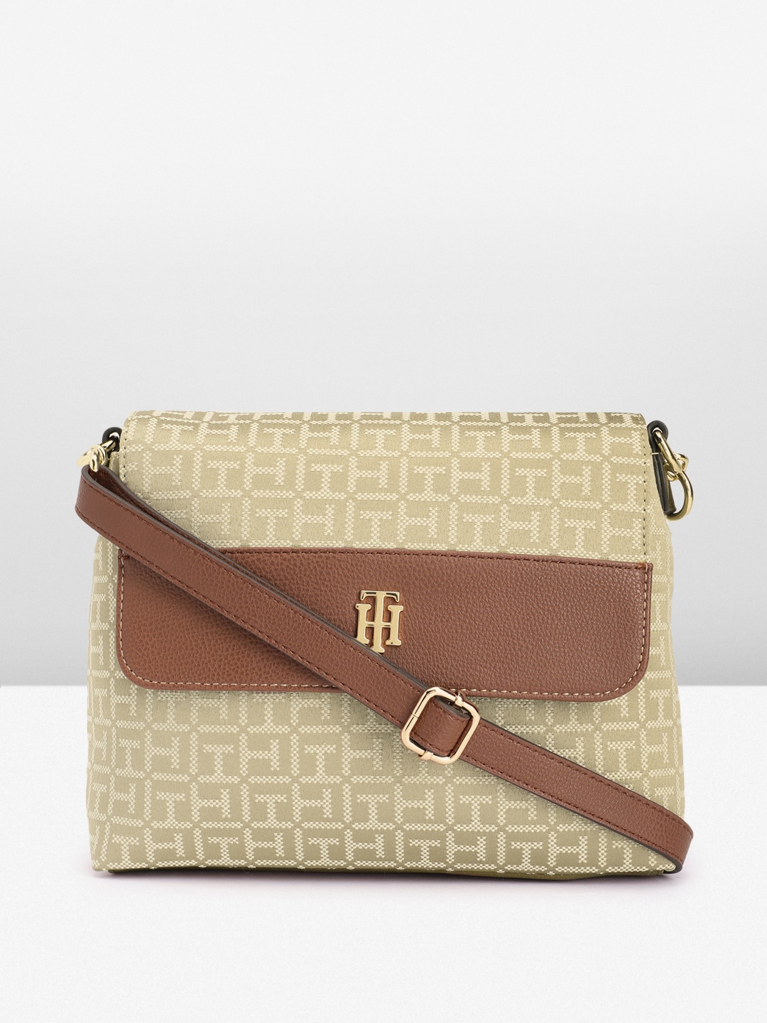 

Tommy Hilfiger Brand Logo Embroidered Structured Sling Bag, Khaki