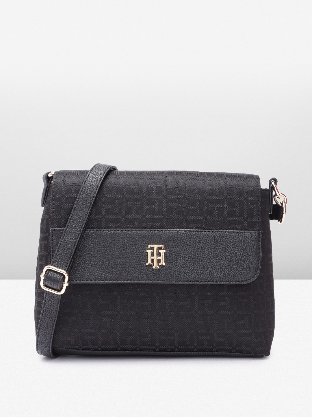 

Tommy Hilfiger Brand Logo Self Design Structured Sling Bag, Black