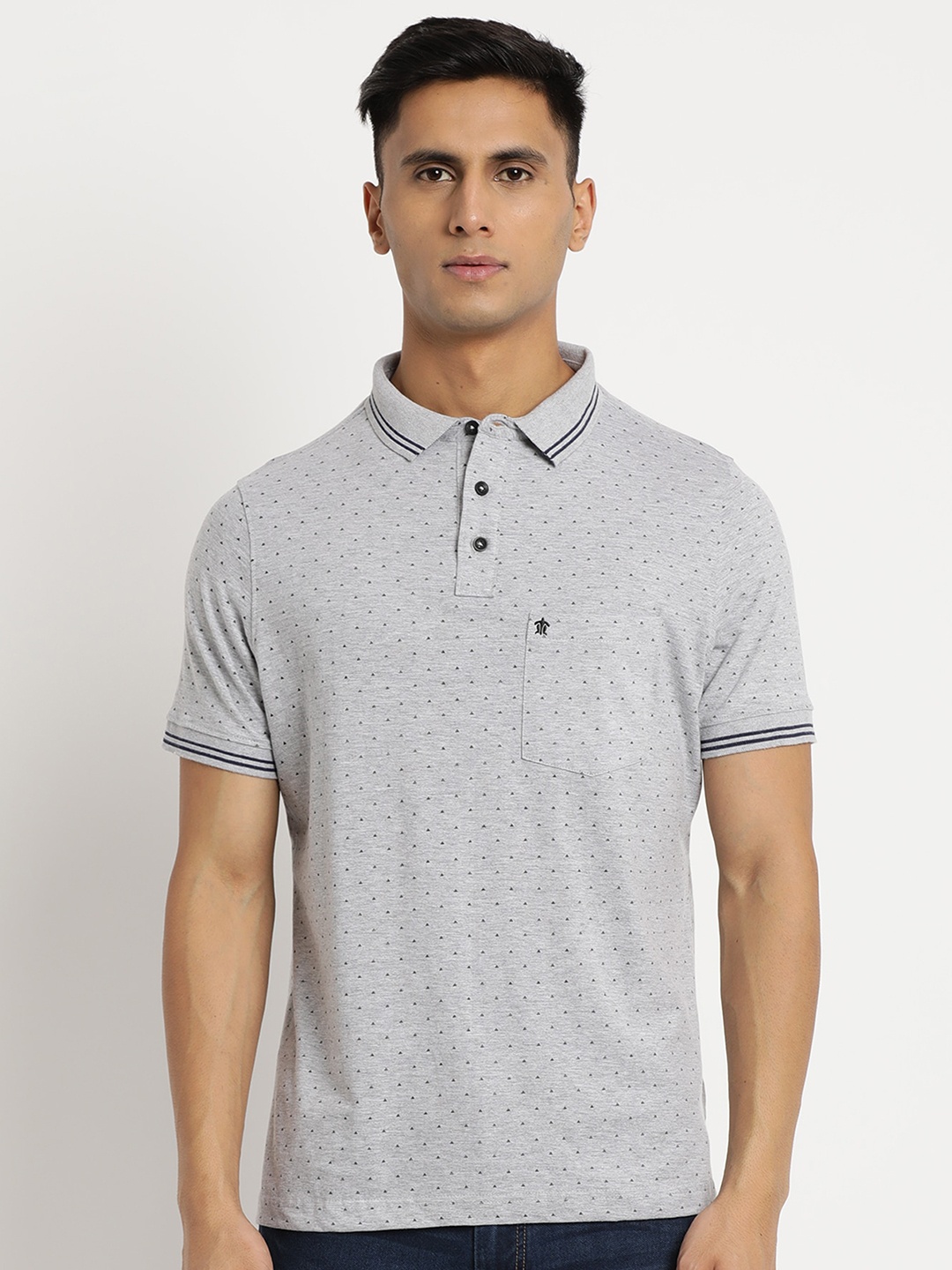 Turtle Men Grey Polo Collar Slim Fit Cotton T-shirt