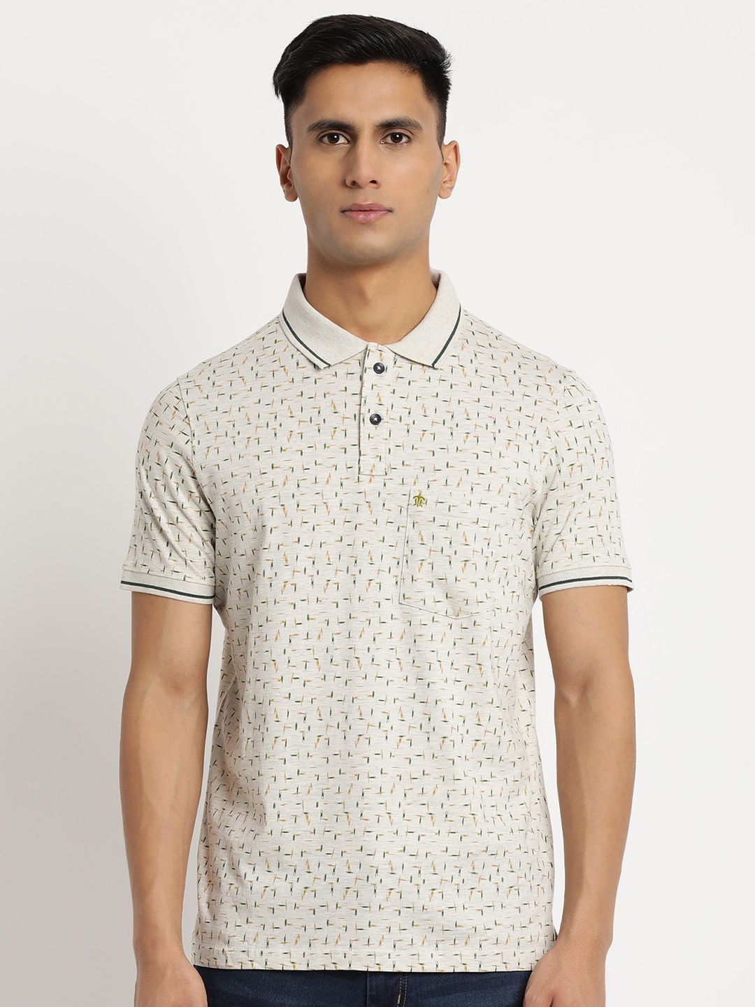 

Turtle Men Cotton Printed Polo Collar Slim Fit T-shirt, Cream