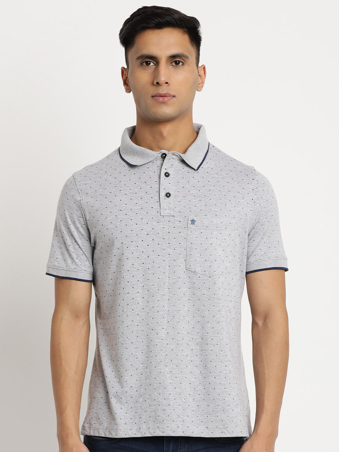

Turtle Men Printed Polo Collar Slim Fit Cotton T-shirt, Grey