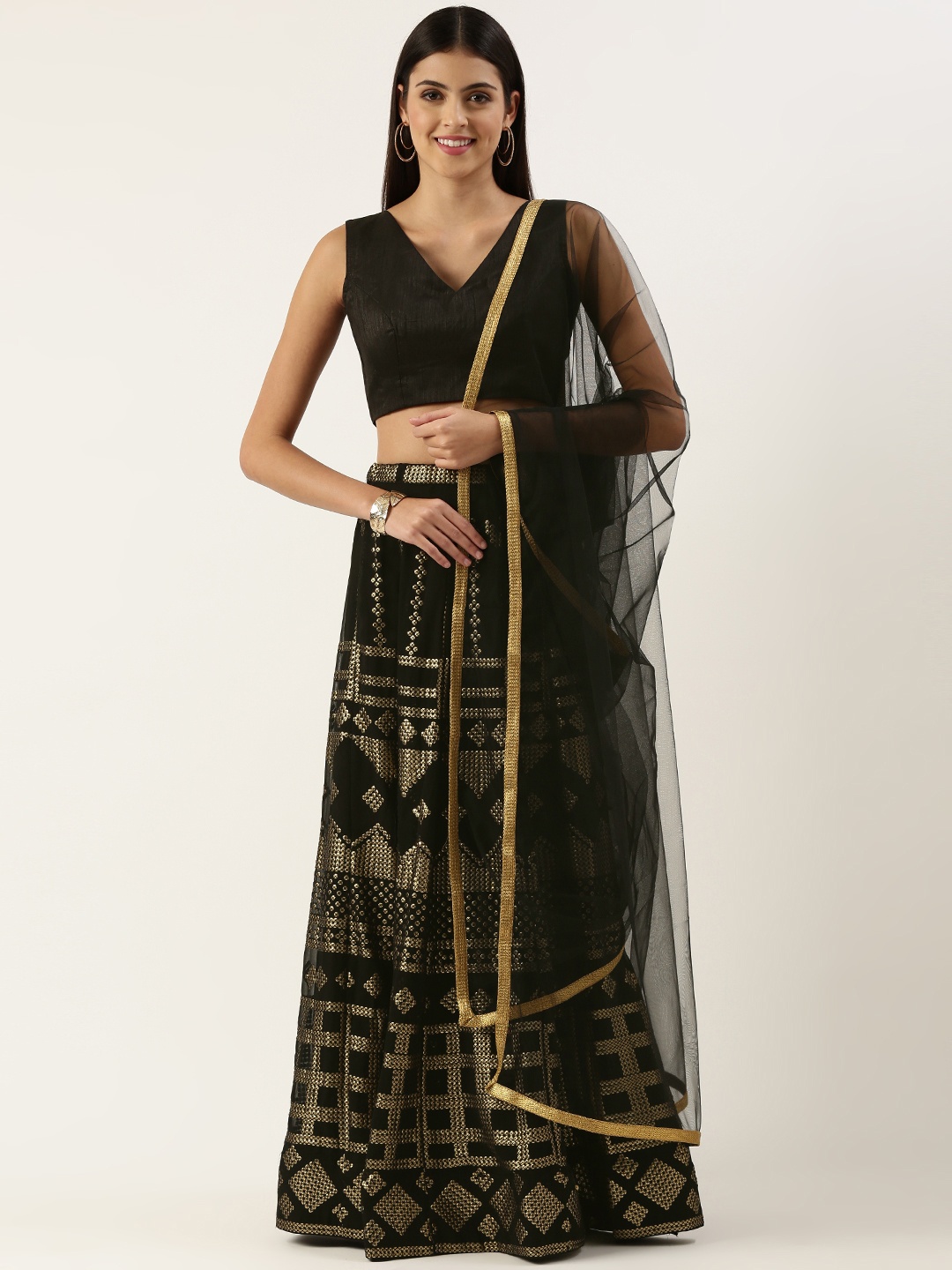 

LOOKNBOOK ART Black Color Georgette with Sequins Embroidery Work Lehenga Choli
