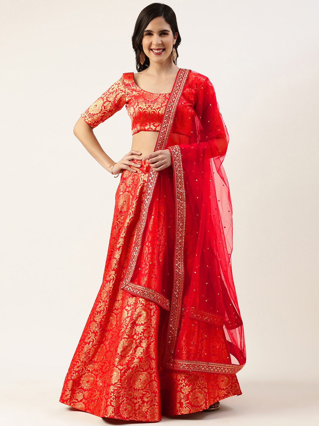 

LOOKNBOOK ART Woven Design Semi-Stitched Lehenga & Unstitched Blouse With Dupatta, Red