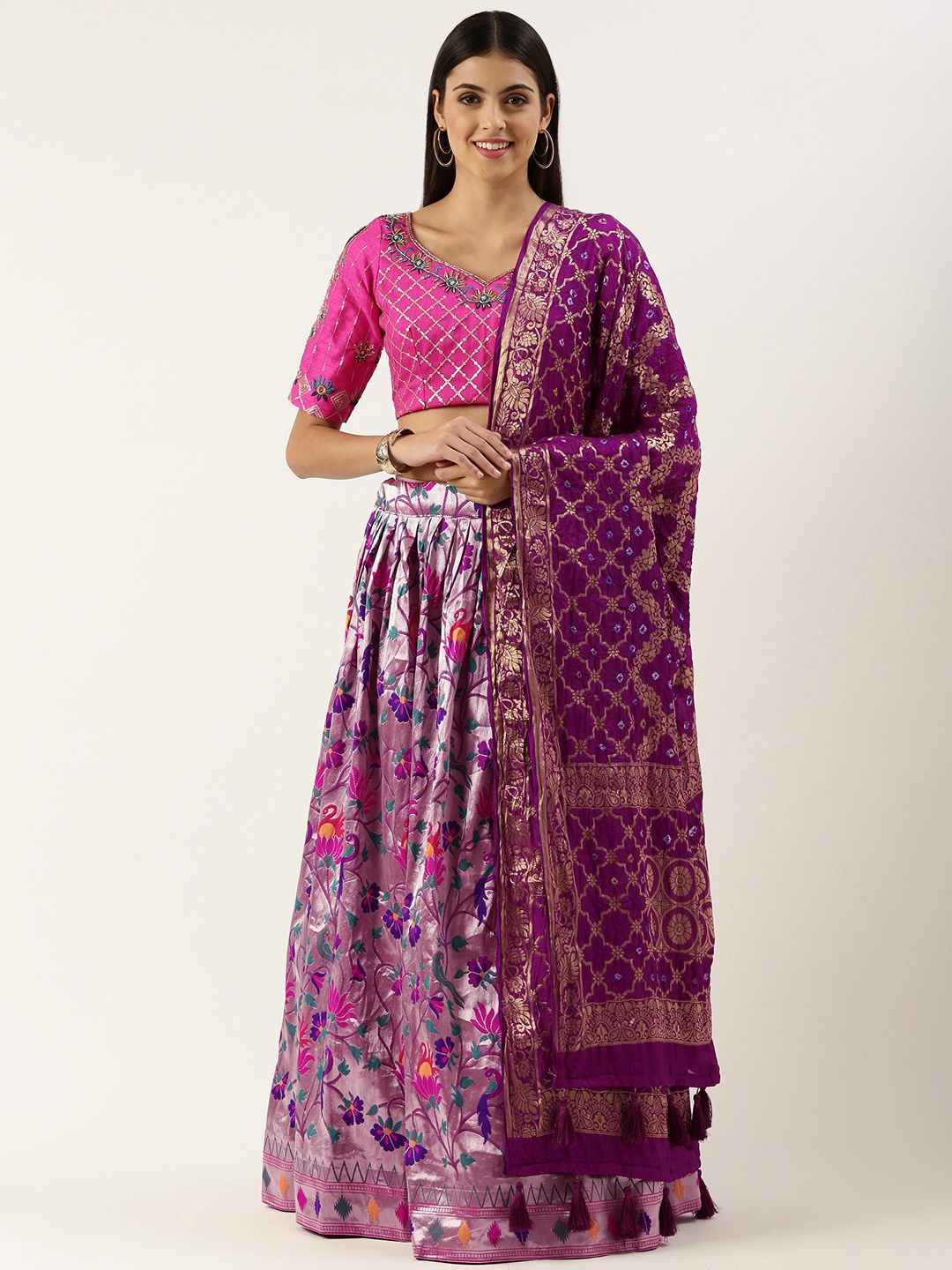 

LOOKNBOOK ART Purple Color Jacquard Silk Weaving Zari Work Paithani Lehenga Choli