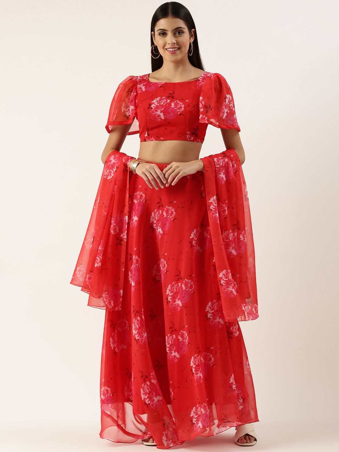 

LOOKNBOOK ART Floral Digital Print Work Georgette Lehenga & Blouse With Dupatta, Red
