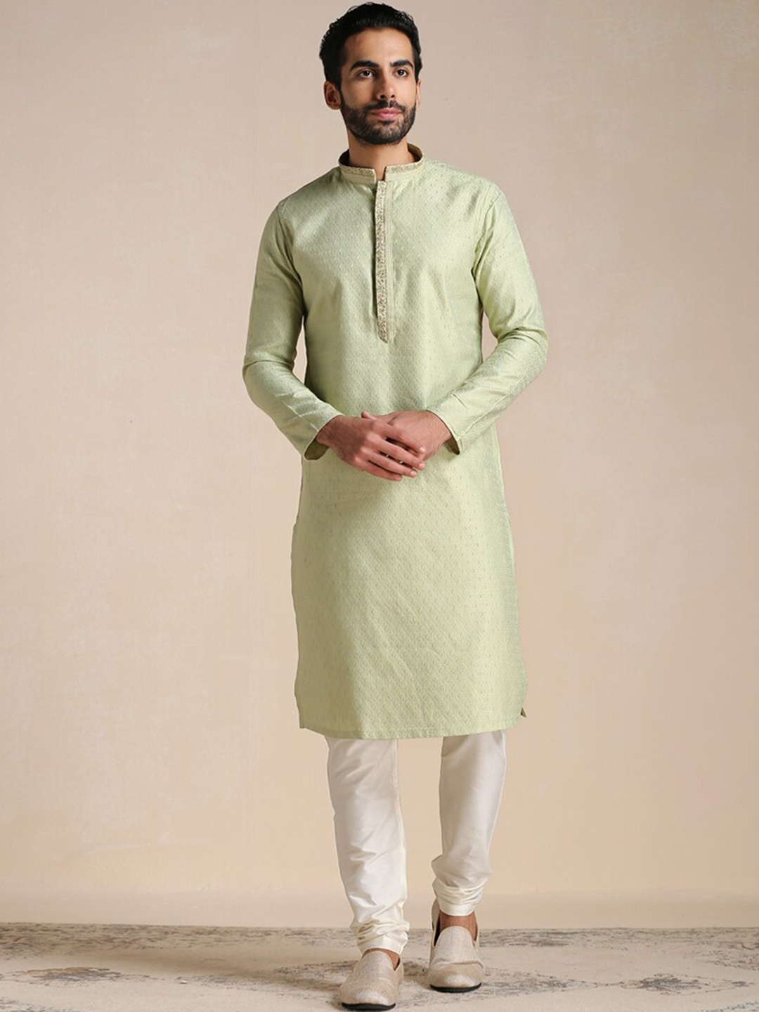 Manyavar Men Full Sleeves Kurta With Churidar, Green