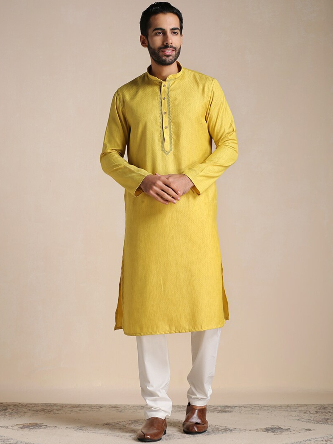 

Manyavar Men Full Sleeves Kurta With Churidar, Yellow