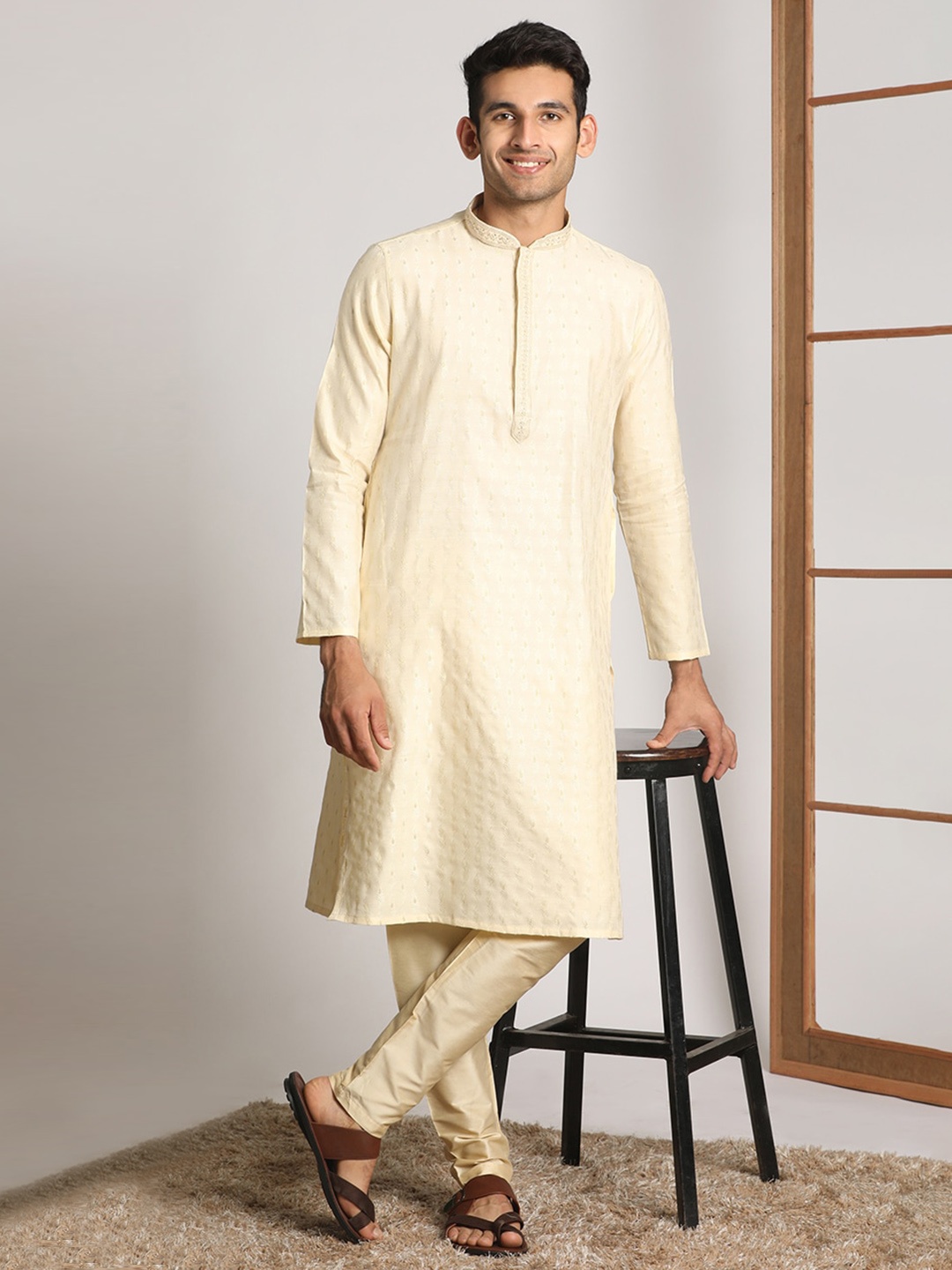 

Manyavar Men Full Sleeves Kurta With Churidar, Beige