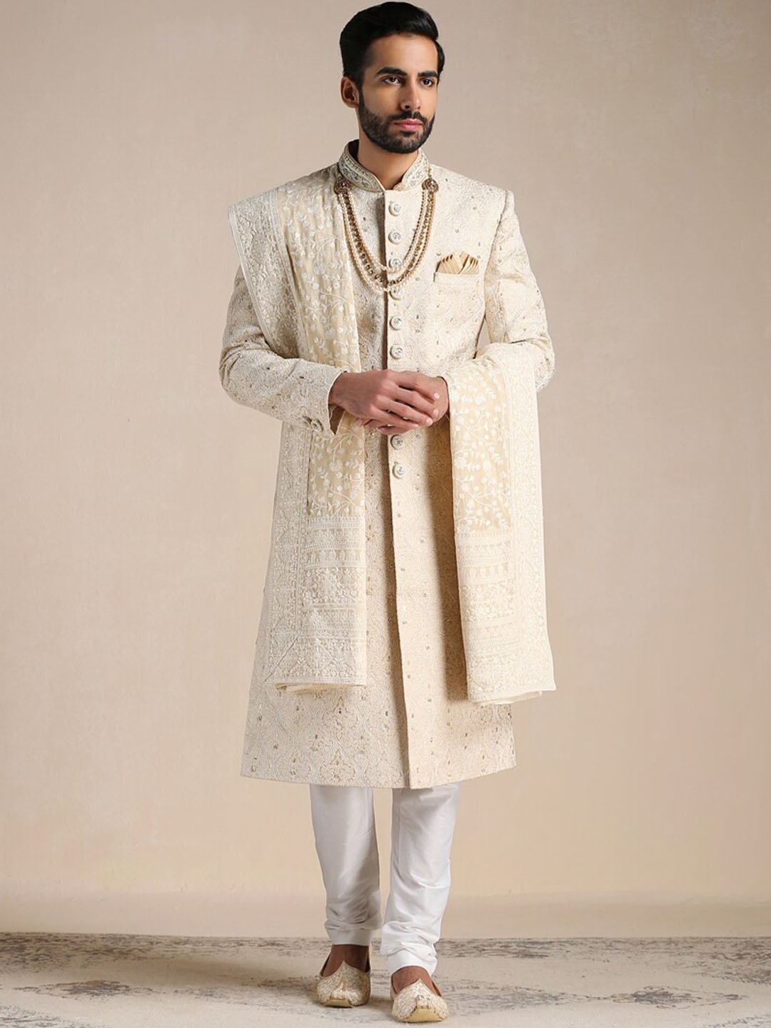 

Manyavar Self Design Full Sleeve Sherwani Churidar Set, Beige
