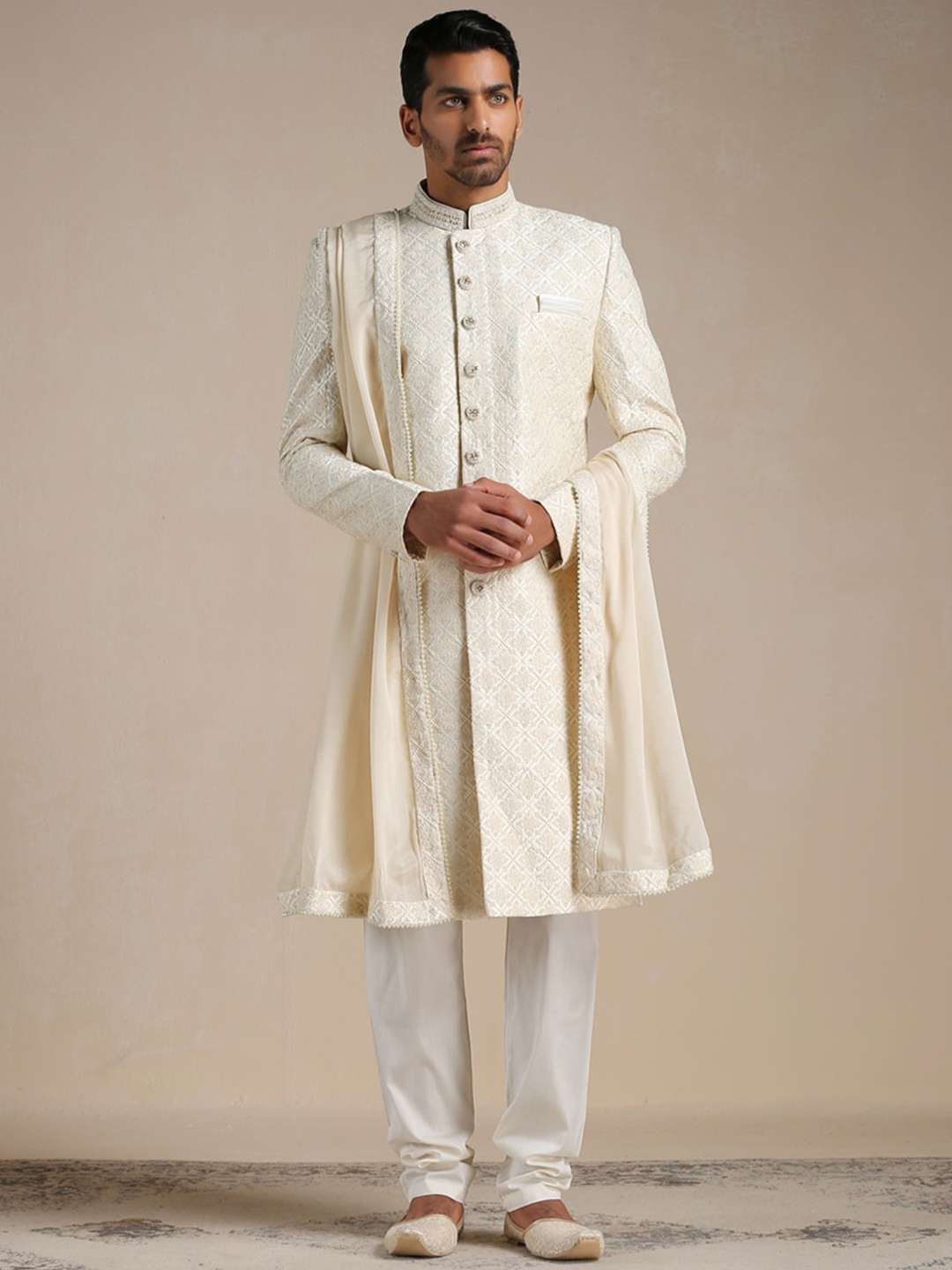

Manyavar Embroidered Sherwani Set With Dupatta, Cream