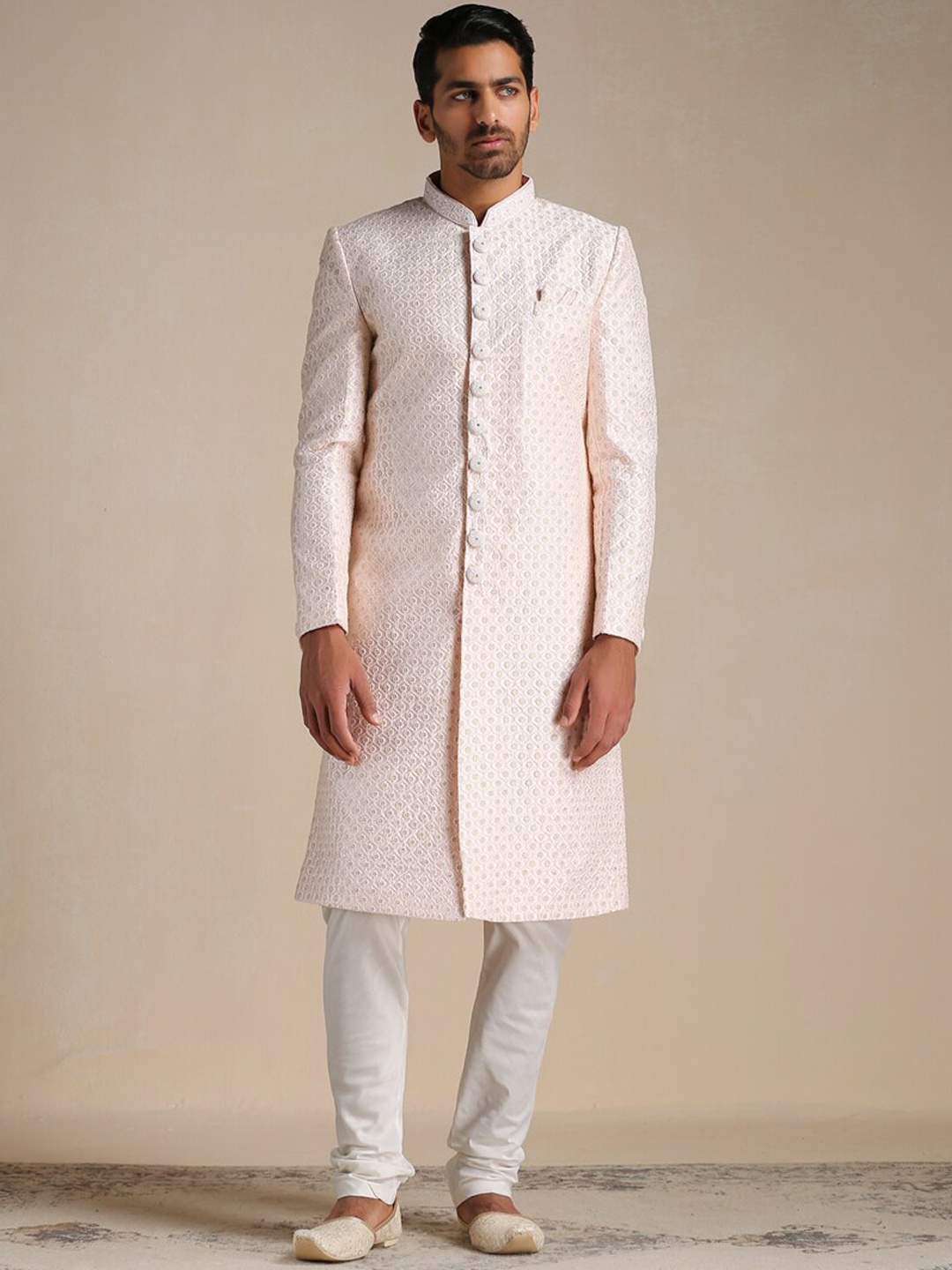 

Manyavar Men Self-Design Sherwani Churidar Set, Pink
