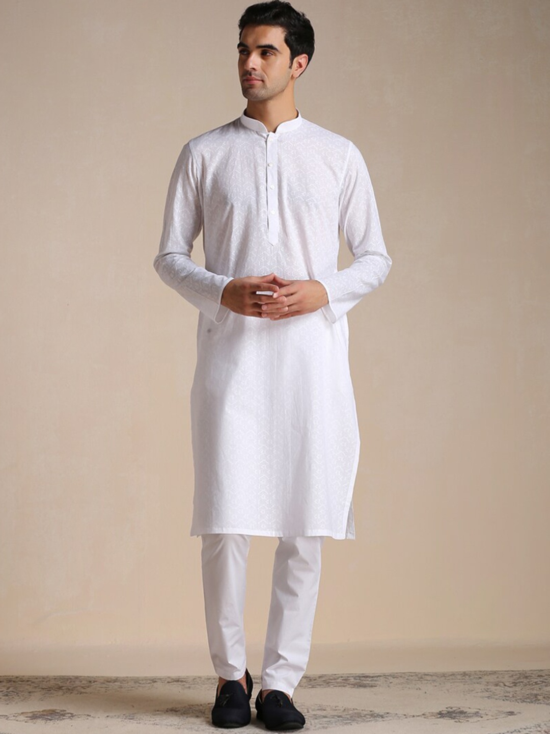

Manyavar Men Pure Cotton Full Sleeves Kurta With Churidar, White