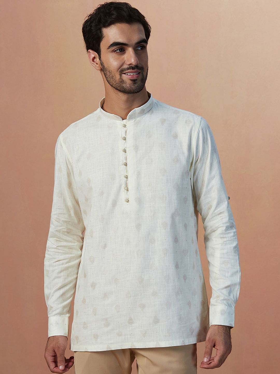 

Manyavar Ethnic Motifs Printed Mandarin Collar Kurta, White