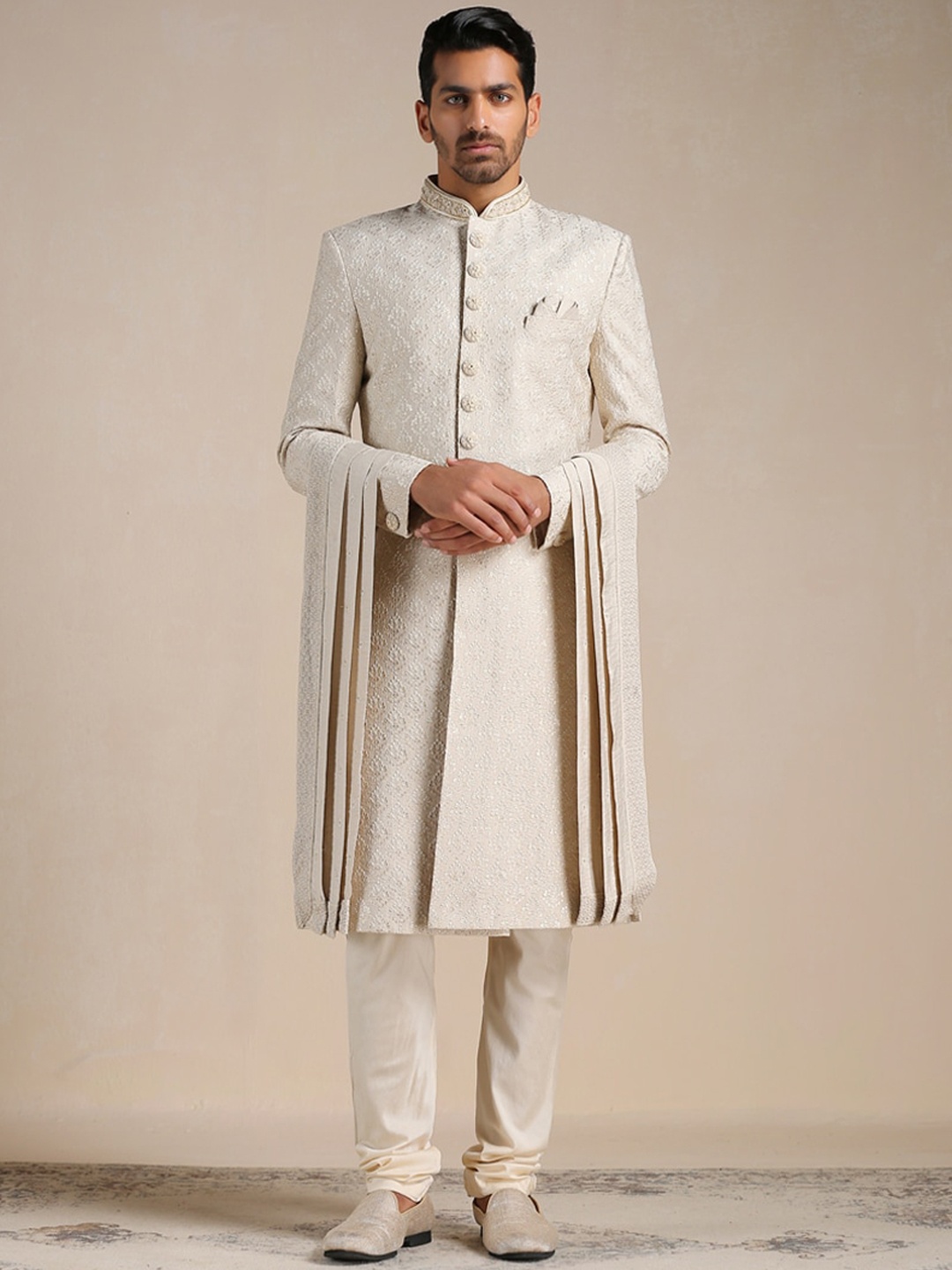 Manyavar Self Design Full Sleeve Sherwani Set, Beige