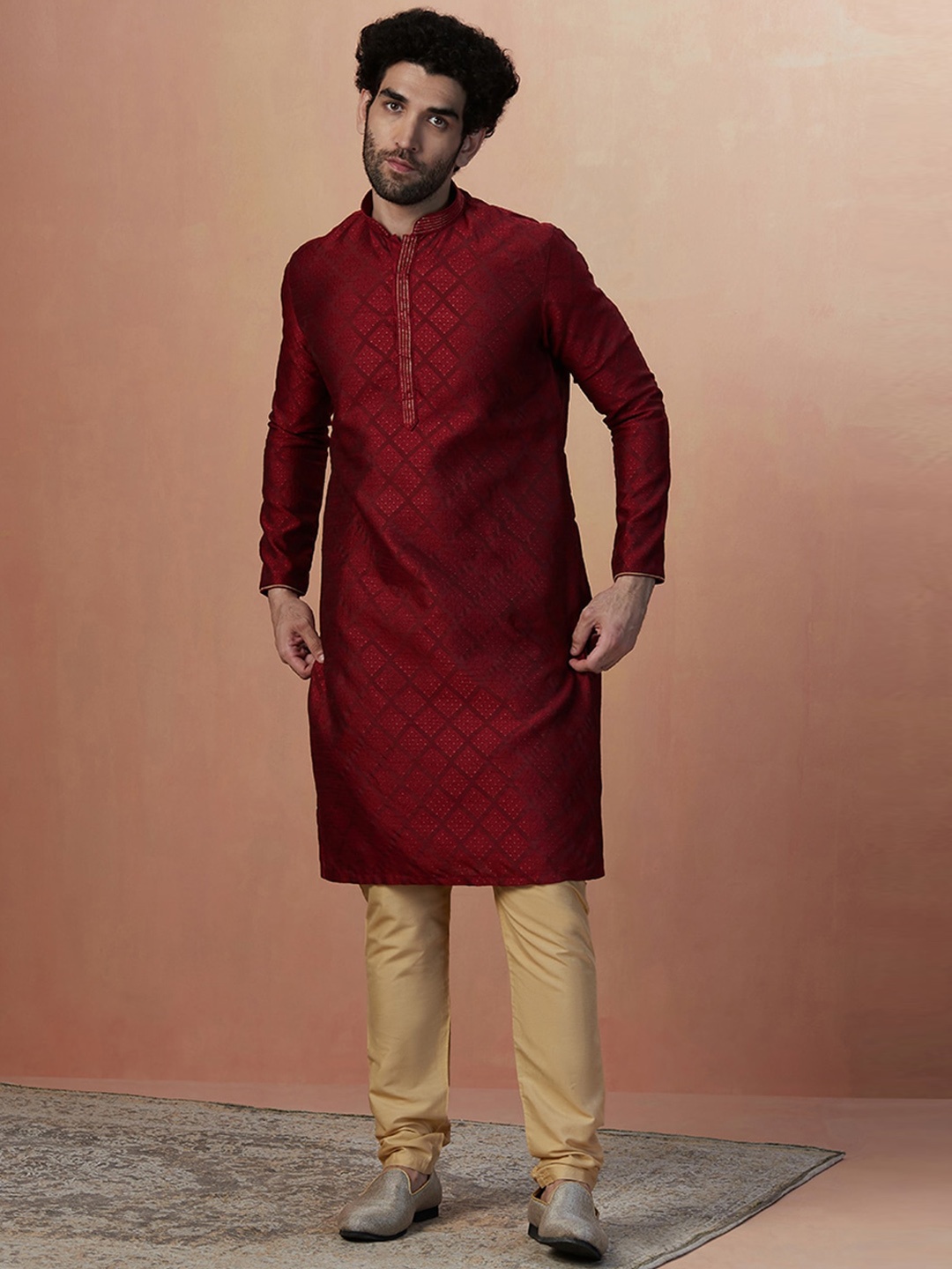 

Manyavar Men Full Sleeves Kurta With Churidar, Maroon