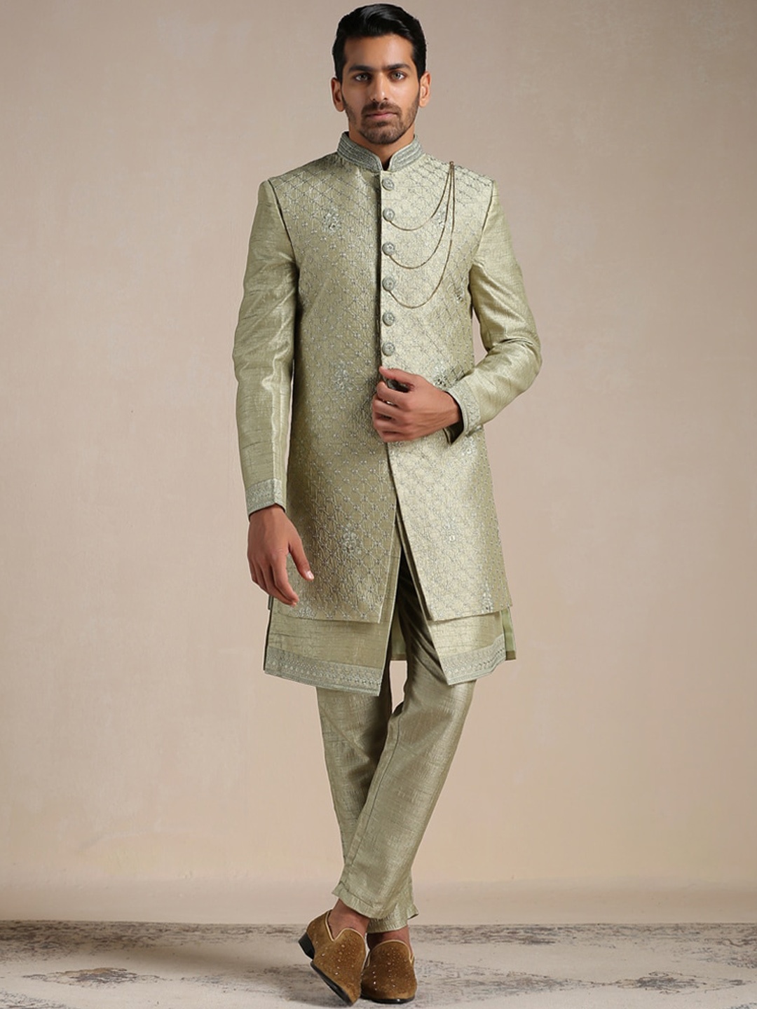 

Manyavar Men Embroidered Sherwani Trouser Set, Green