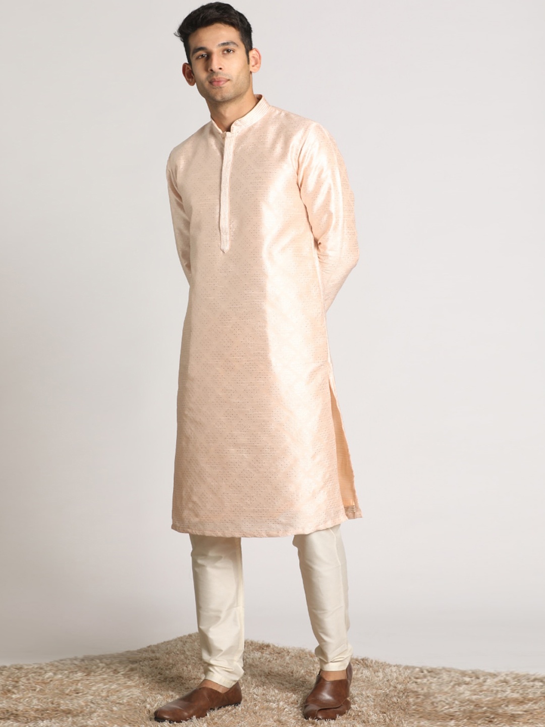 

Manyavar Men Mandarin Collar Art Silk Kurta with Pyjamas, Pink