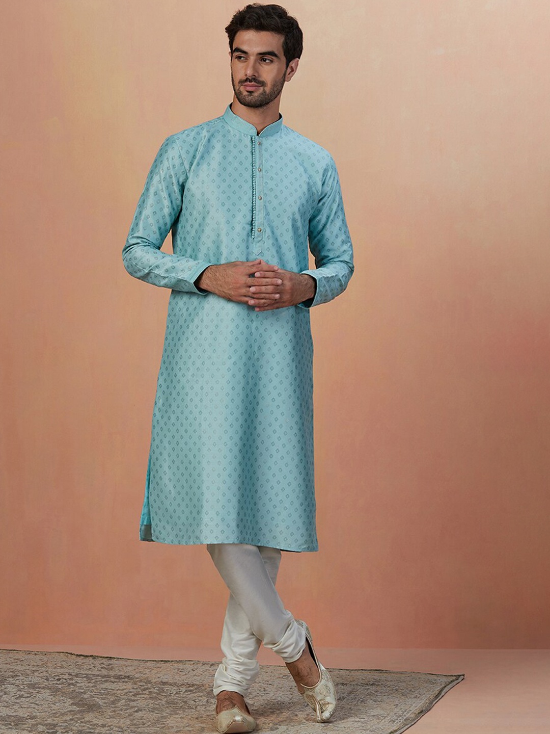 

Manyavar Mandarin Collar Ethnic Motifs Printed Kurta with Churidar, Blue