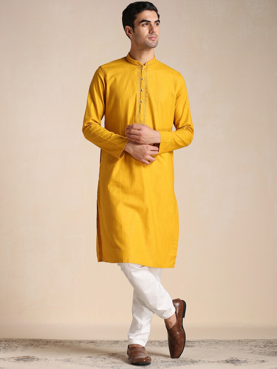 

Manyavar Men Mandarin Collar Pure Cotton Kurta with Pyjamas, Mustard