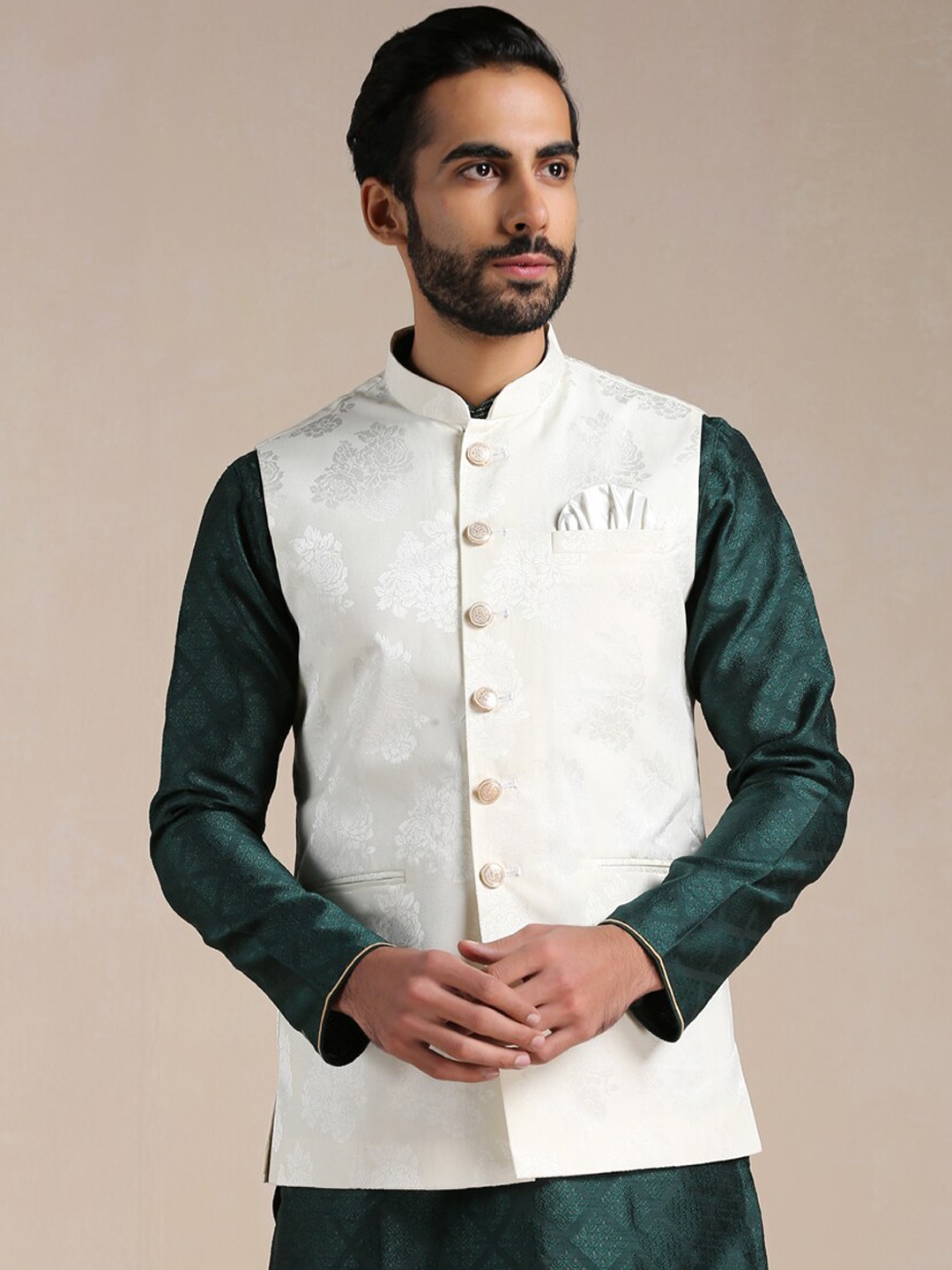 

Manyavar Men Printed Sleeveless Nehru Jackets, Cream