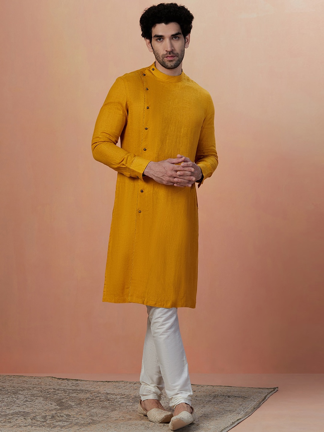 

Manyavar Men Embroidered Linen Kurta, Mustard