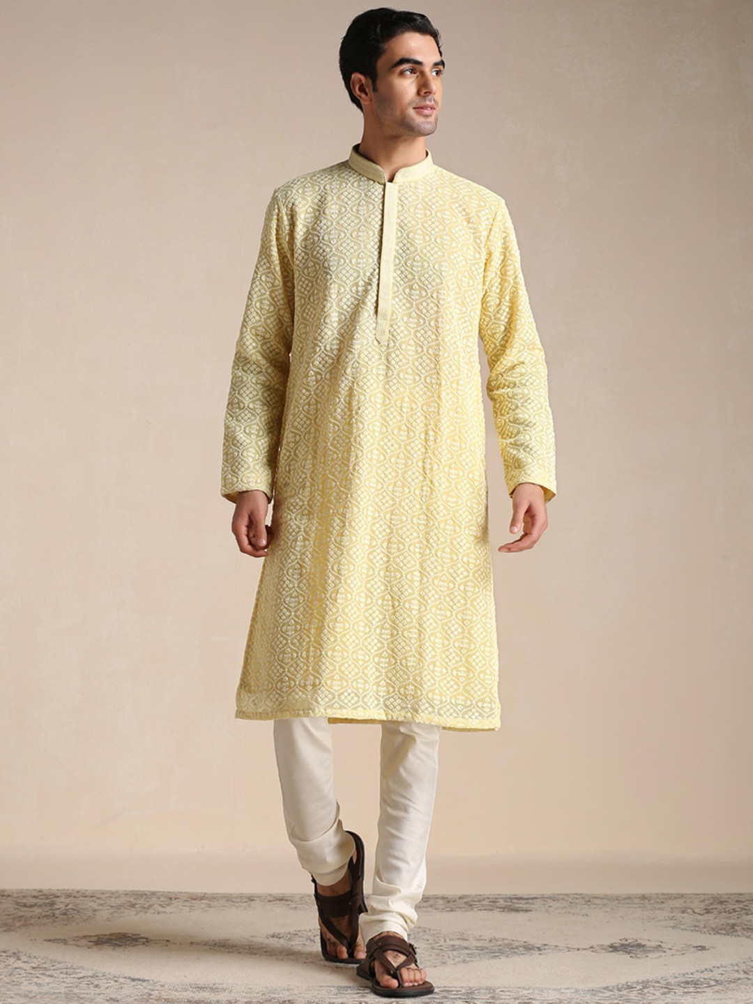 

Manyavar Men Mandarin Collar Embroidered Silk Georgette Kurta with Pyjamas, Yellow