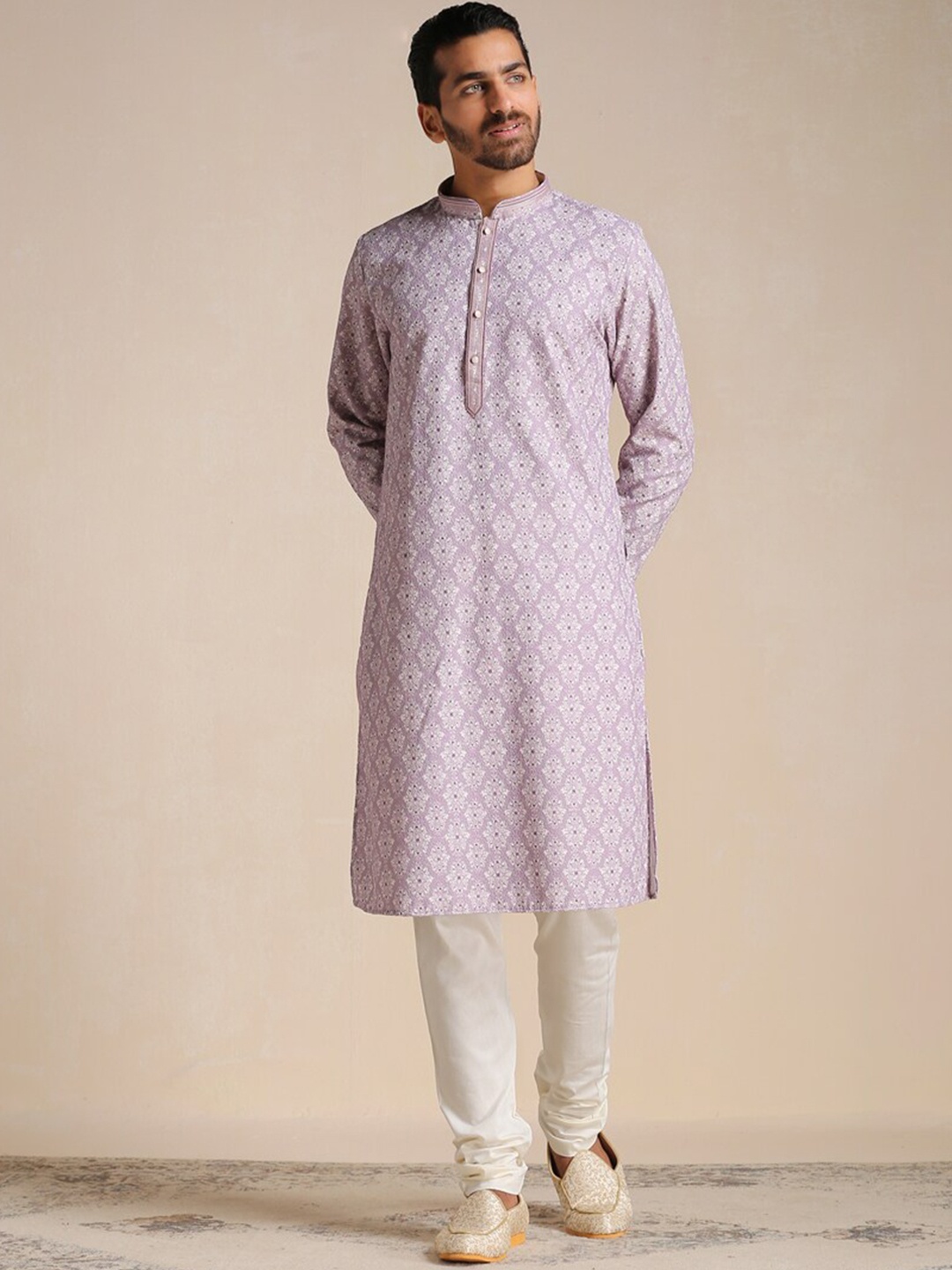 

Manyavar Men Mandarin Collar Printed Kurta with Pyjamas, Purple