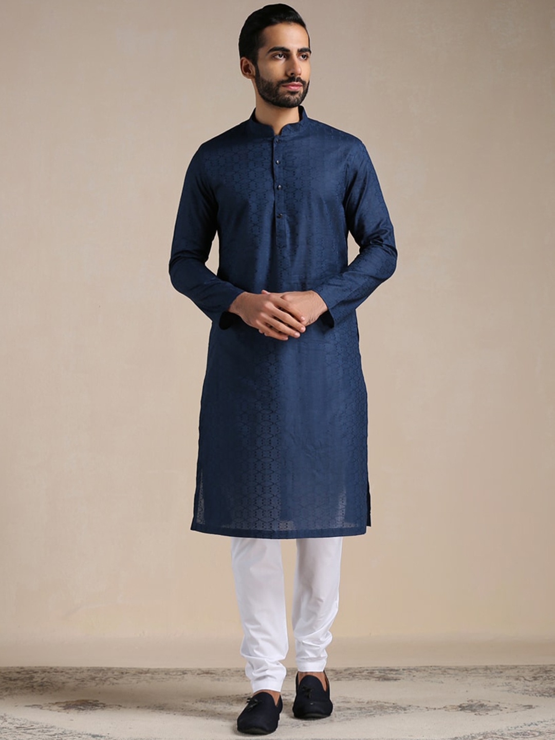 

Manyavar Men Mandarin Collar Pure Cotton Kurta with Pyjamas, Blue