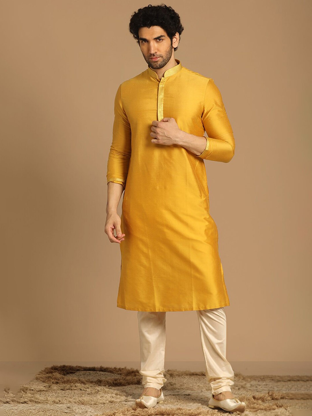 

Manyavar Men Mandarin Collar Kurta with Pyjamas, Mustard