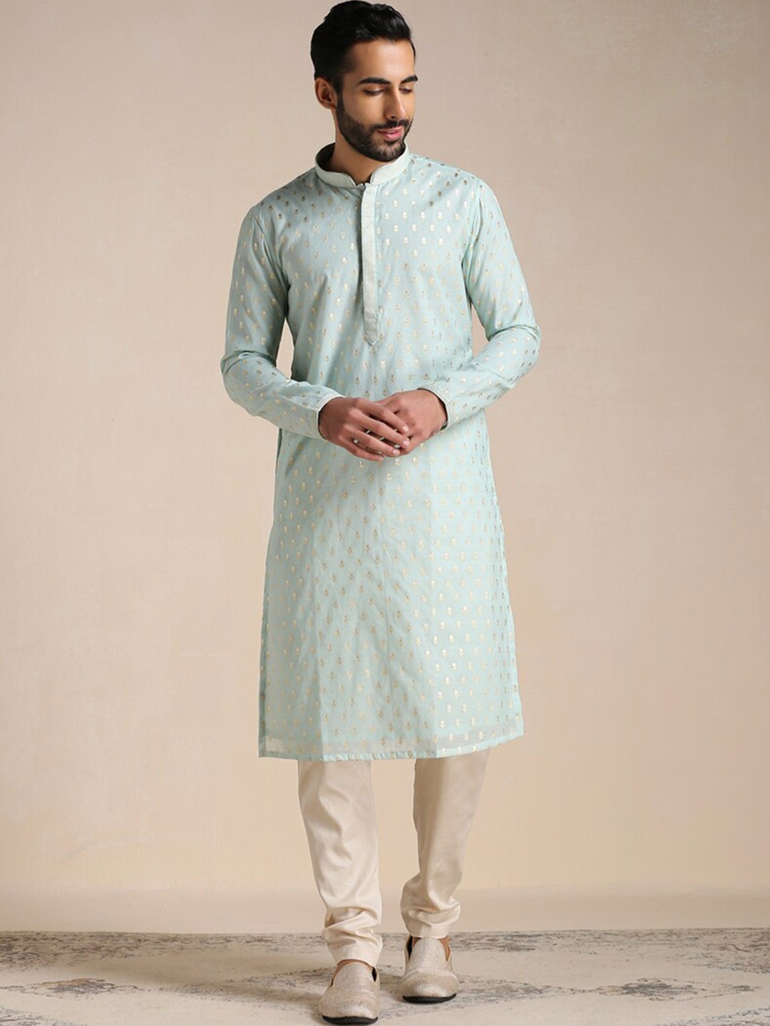 

Manyavar Men Mandarin Collar Printed Chanderi Cotton Kurta with Pyjamas, Green