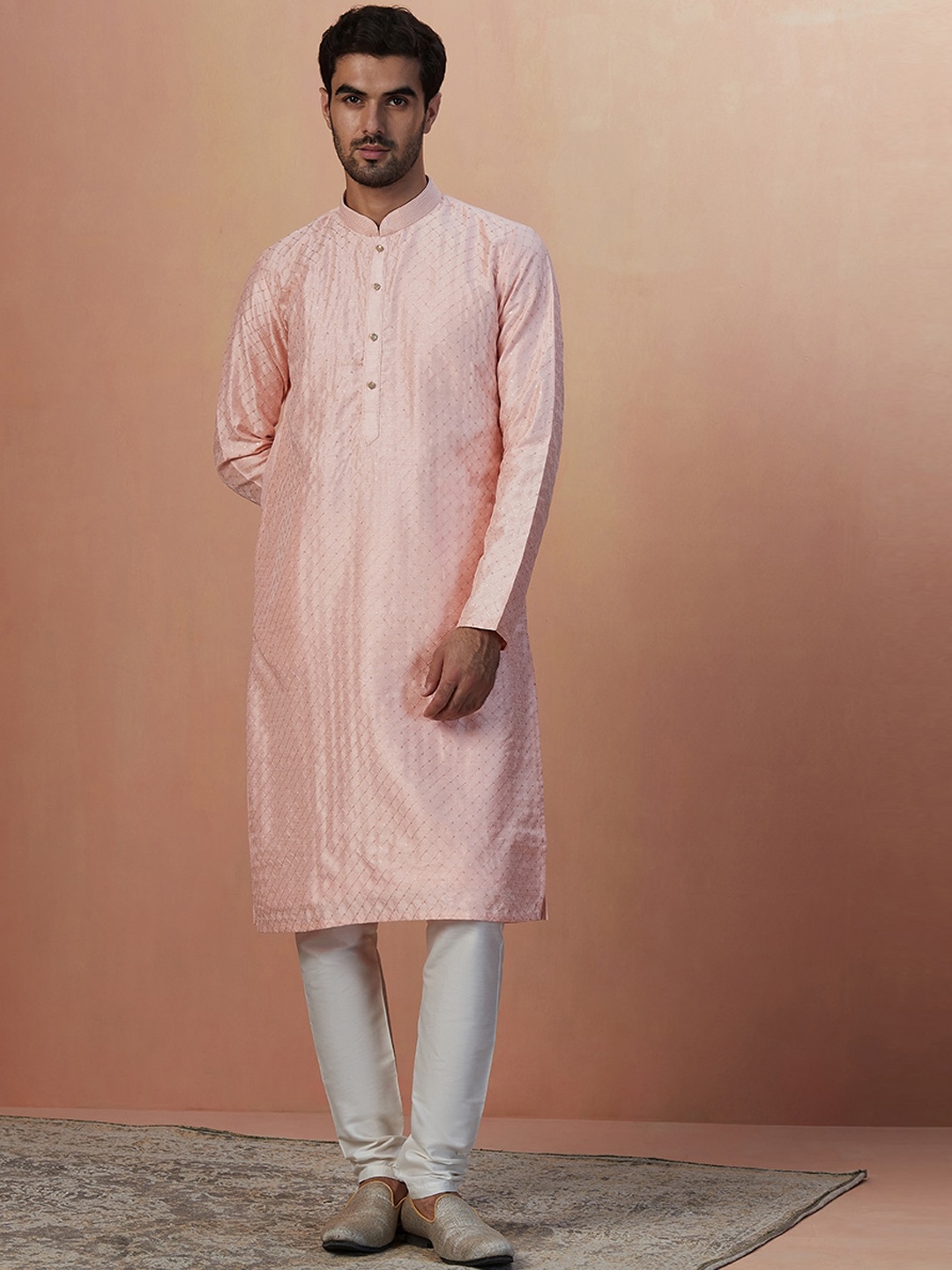

Manyavar Men Mandarin Collar Kurta with Pyjamas, Peach