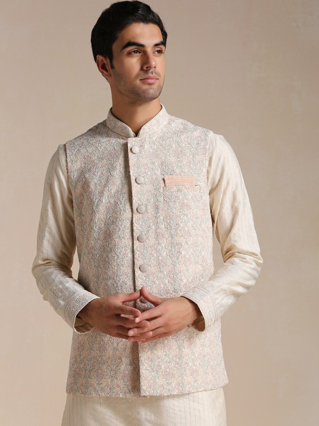 Manyavar Men Mandarin Collar Kurta and Pyjamas with Nehru Jacket, Off white