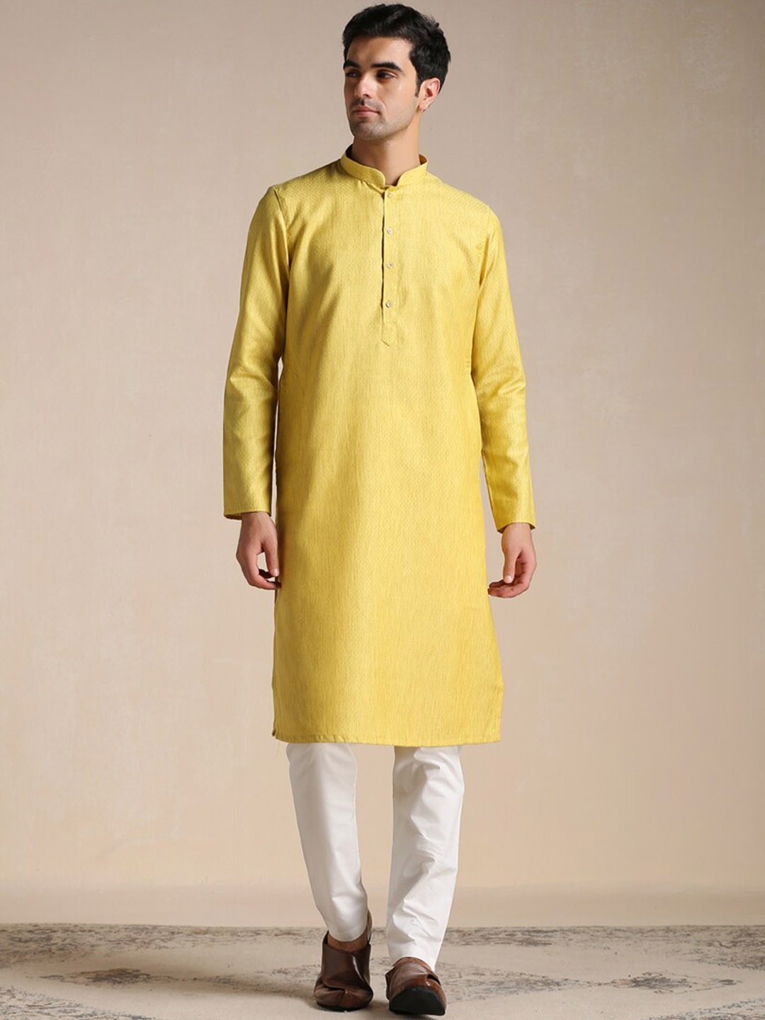 Manyavar Men Mandarin Collar Kurta with Pyjamas, Yellow