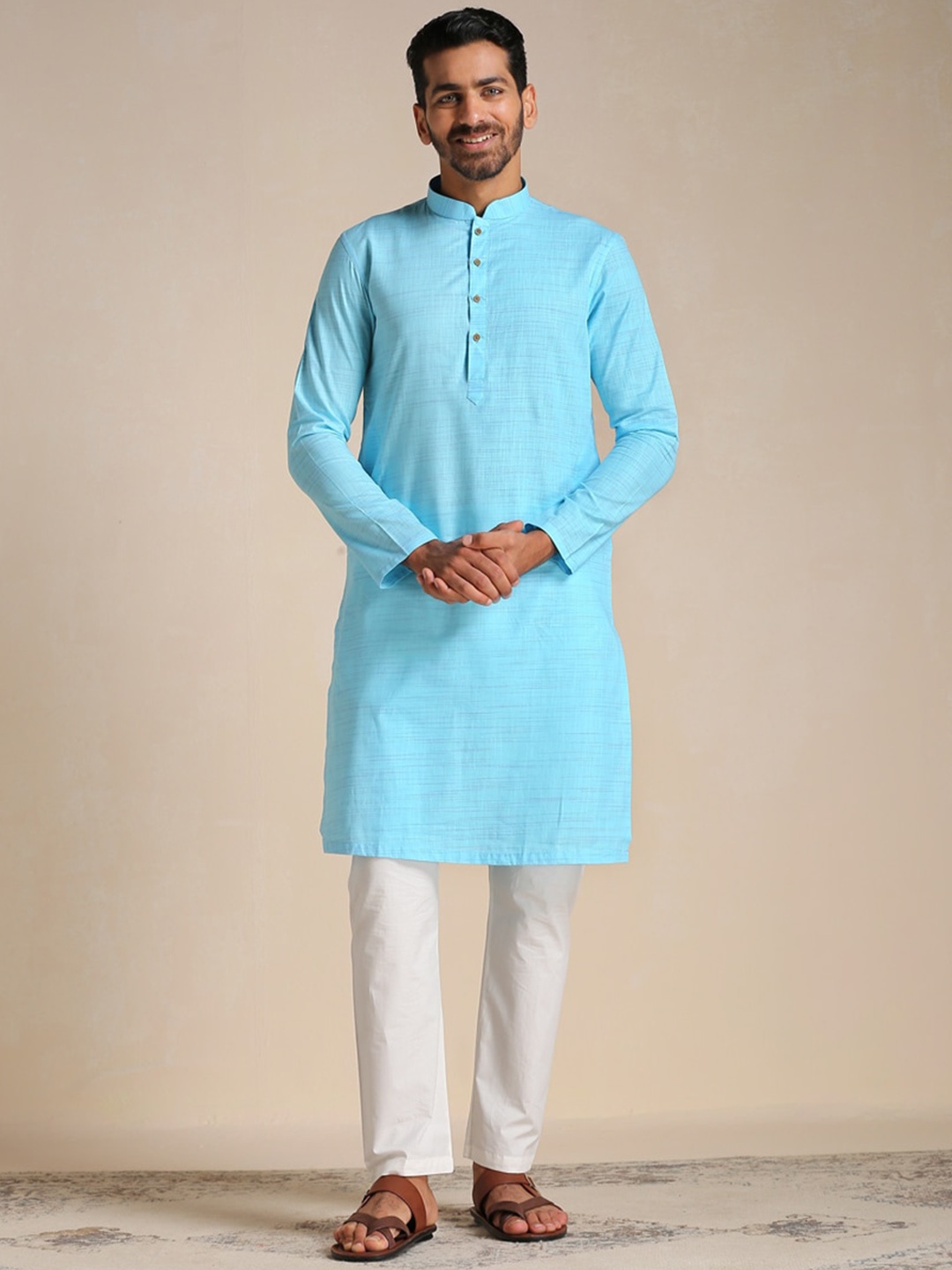 

Manyavar Woven Design Mandarin Collar Cotton Kurta, Blue