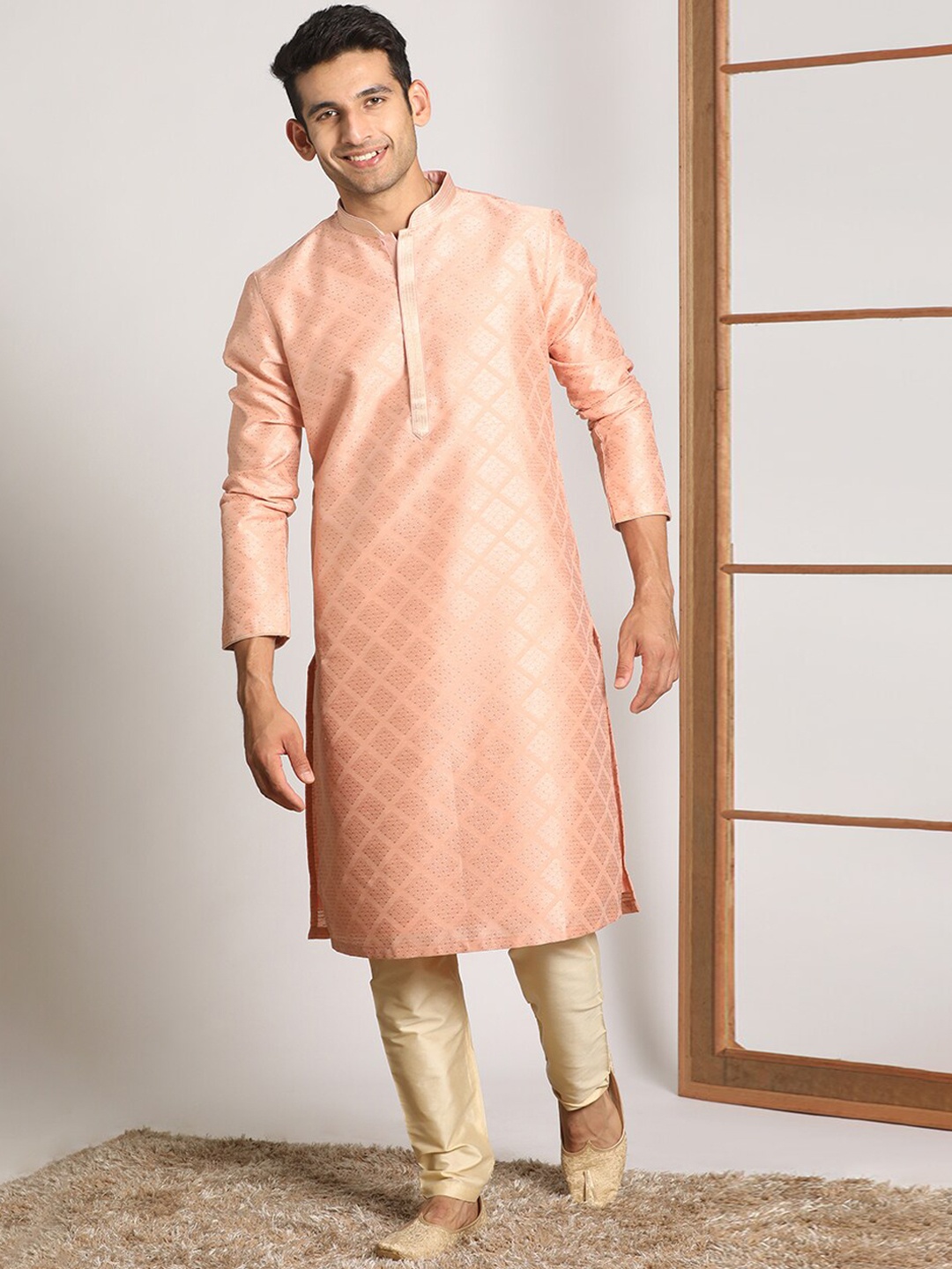 

Manyavar Men Mandarin Collar Kurta with Pyjamas, Peach