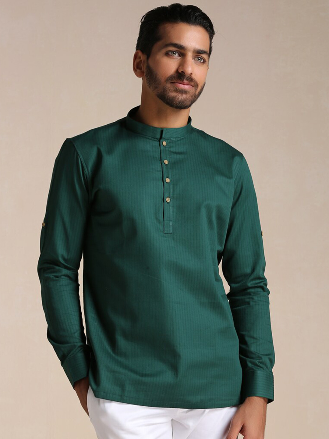 

Manyavar Men Striped Woven Design Cotton Mandarin Collar Short Kurta, Green