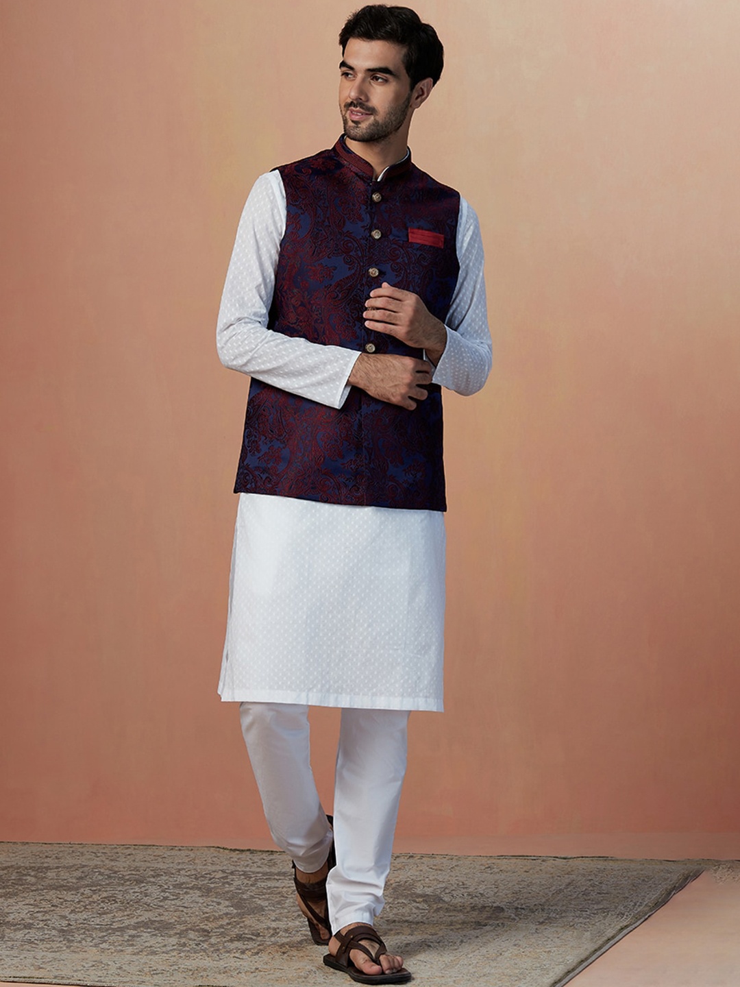 Manyavar Men Woven Design Sleeveless Mandarin Nehru Jacket, Navy blue