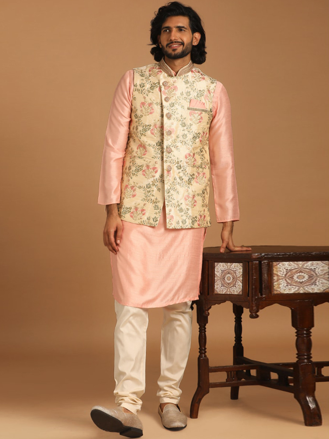 

Manyavar Men Printed Kurta with Churidar & Jacket, Beige