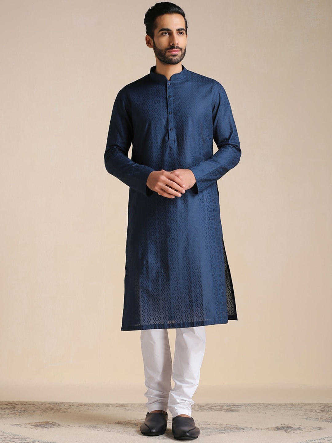 Manyavar Men Pure Cotton Kurta with Churidar, Blue