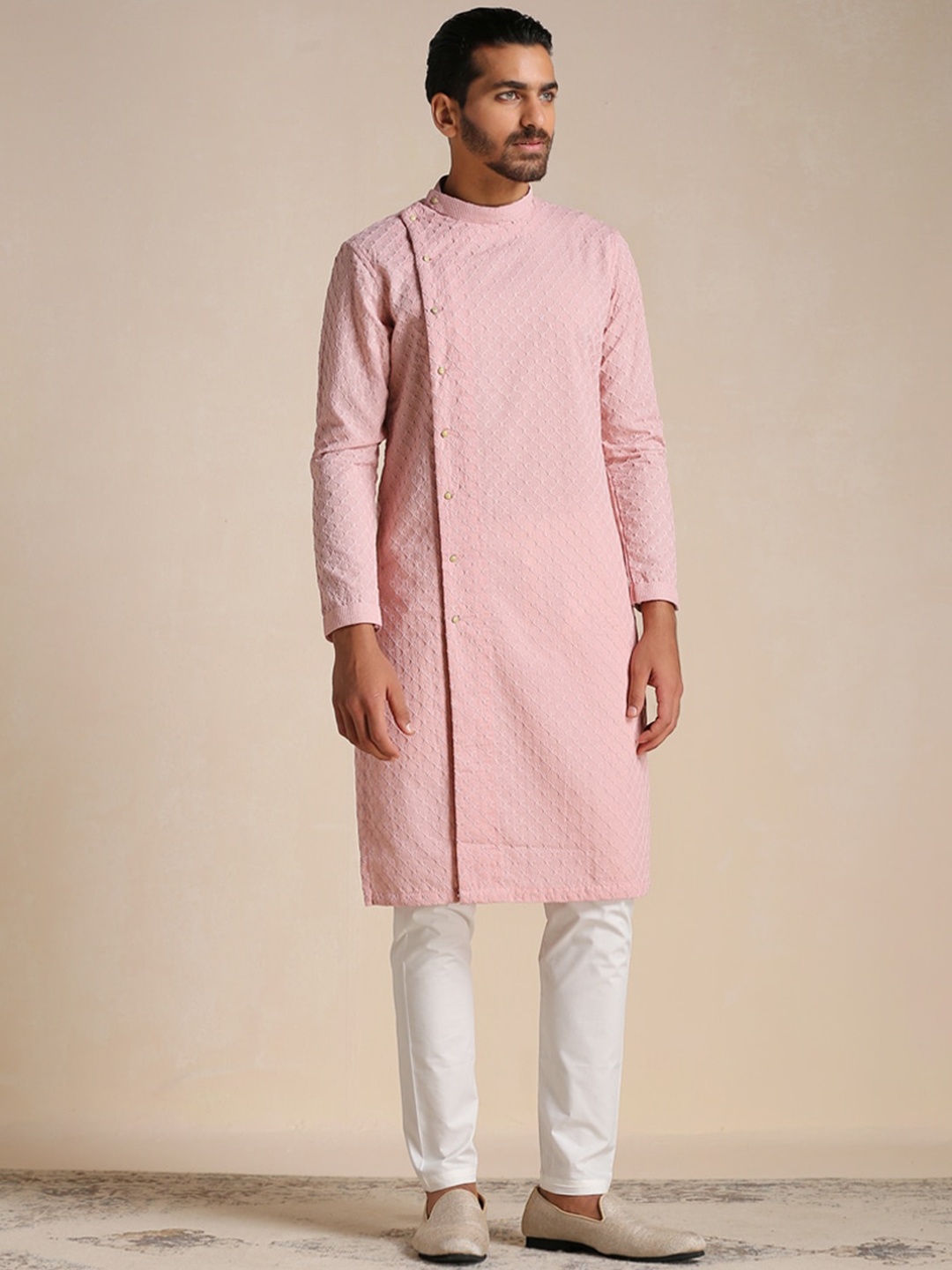 Manyavar Men Embroidered Kurta with Pyjamas, Pink
