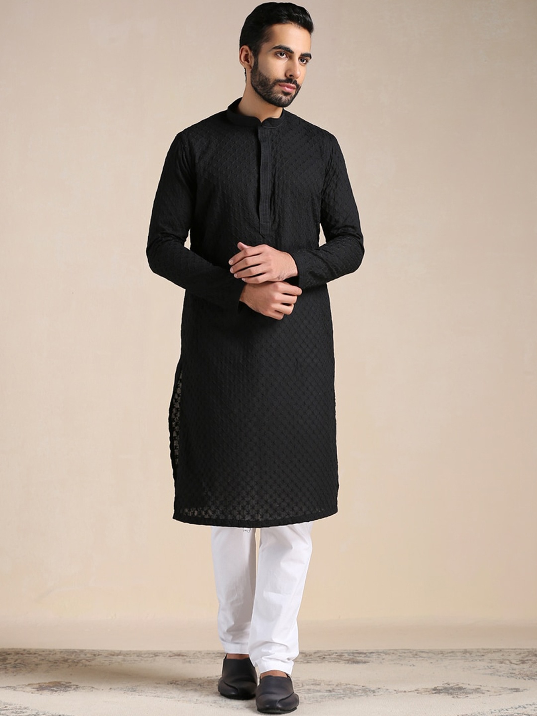 Manyavar Men Embroidered Kurta with Pyjamas, Black