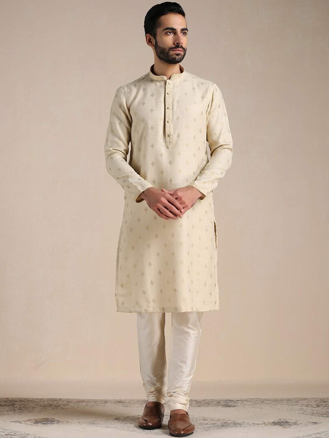 Manyavar Men Printed Kurta with Churidar, Beige