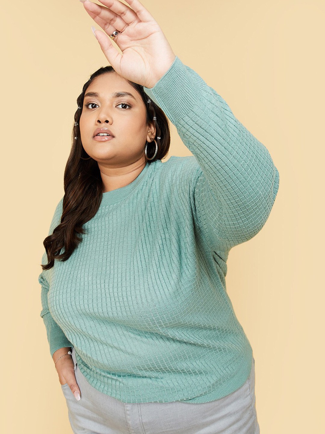 

max Round Neck Striped Woolen Pullover, Green