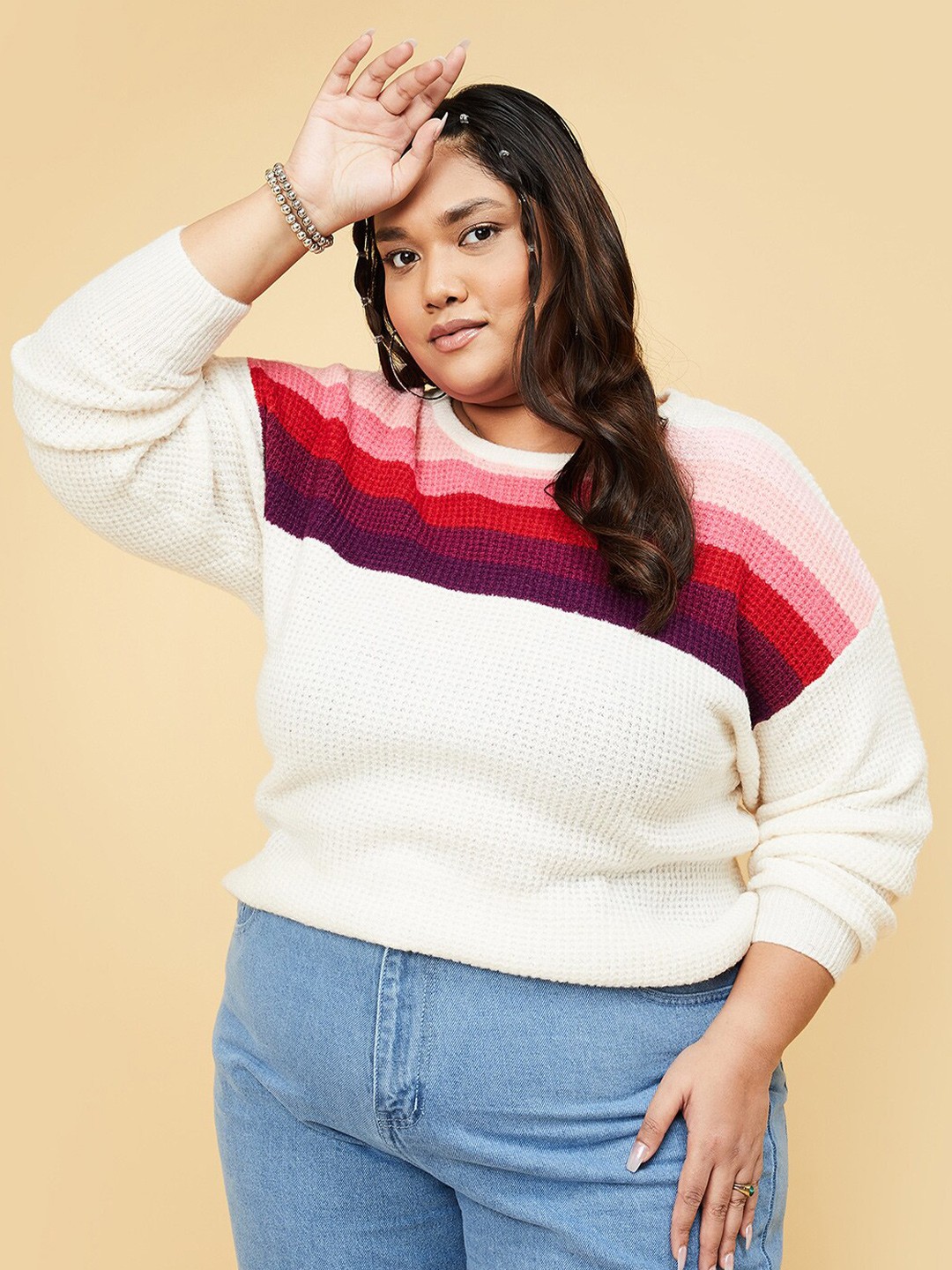 

max Round Neck Striped Acrylic Pullover, White
