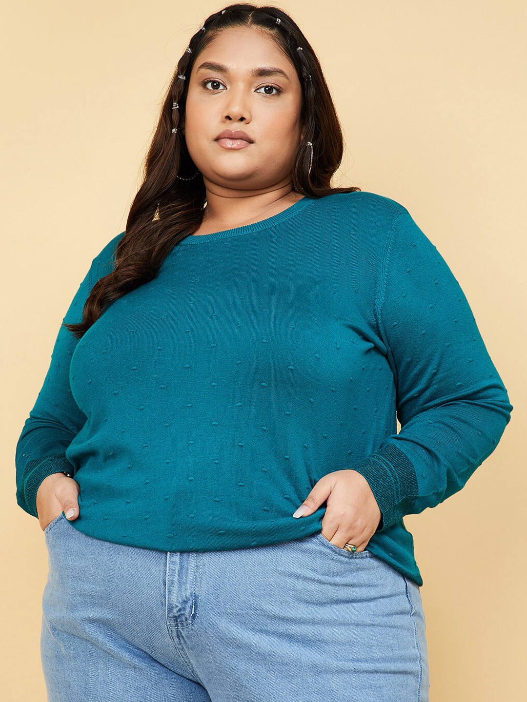 

max Women Teal Self Design Geometric Pullover