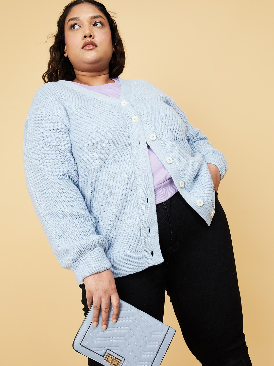 

max Cable Knit Self Design Cardigan Sweaters, Blue