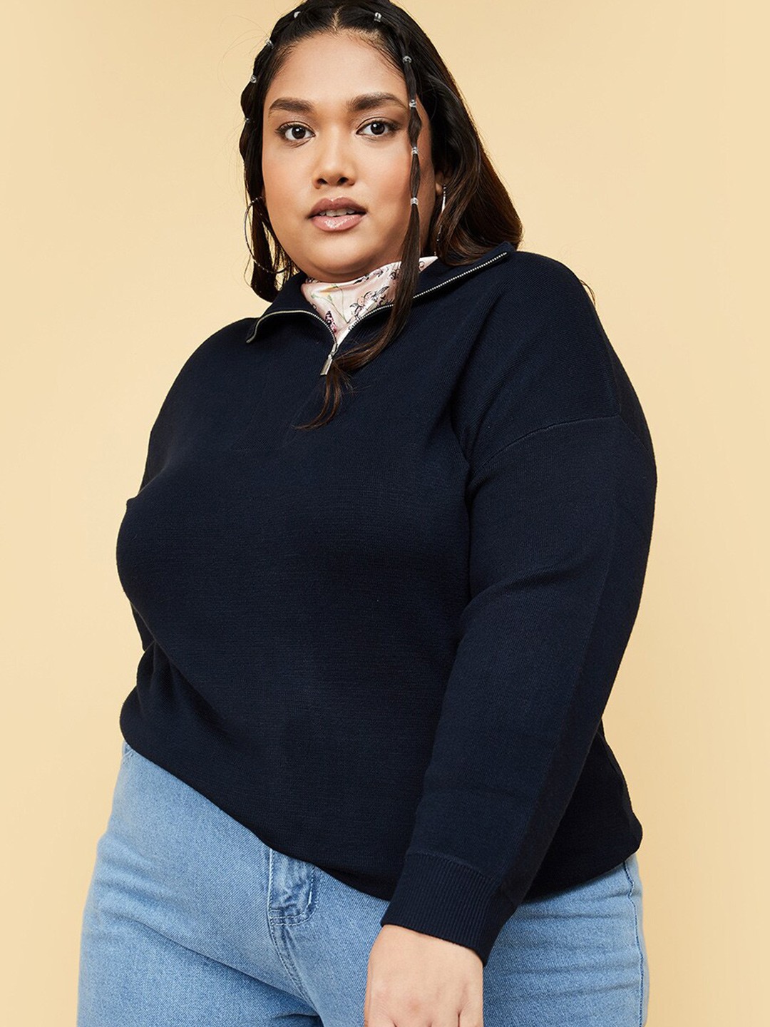 

max Mock Collar Half Zipper Pullover Sweaters, Navy blue