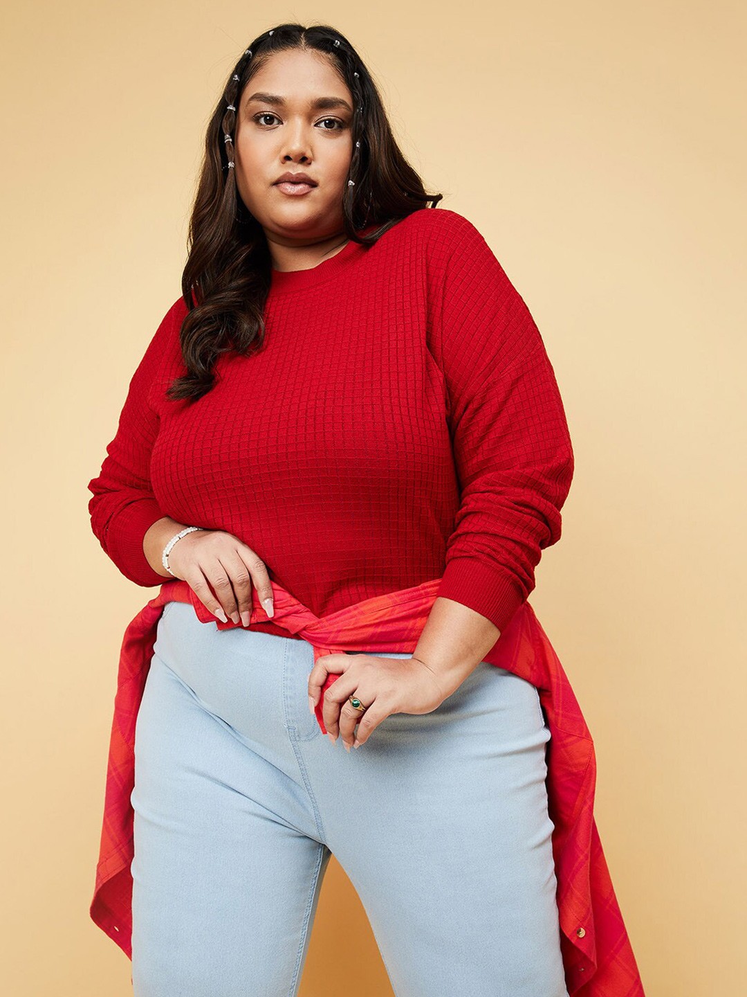 

max Women Red Self Design Acrylic Pullover