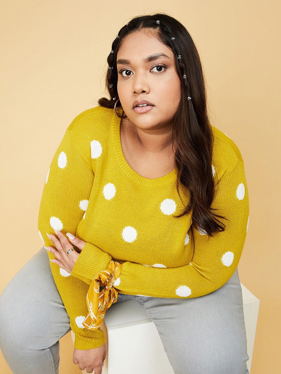 

max Women Yellow & White Wool Printed Pullover