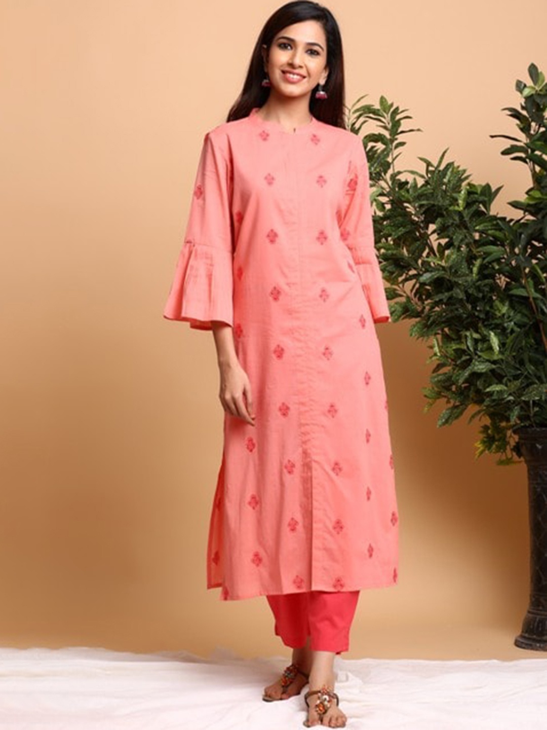 

The Kurta Express Women Ethnic Motifs Printed Pure Cotton Kurta with Trousers, Peach